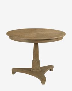 a round wooden table with two legs and an oval top, on a white background