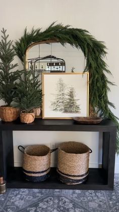 some plants and baskets on a shelf in front of a mirror