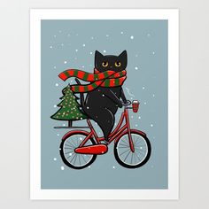 a black cat is riding a bike with a christmas tree on the back and scarf around its neck