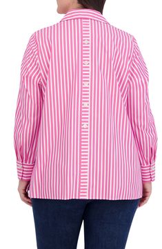 A decorative back-button placket adds a playful touch to a striped stretch-poplin tunic with abbreviated sleeves and airy side vents. 28 1/2" center back length (size 18W) Spread collar Three-quarter sleeves 62% cotton, 33% polyester, 5% spandex Machine wash, tumble dry Imported Striped Blouse With Button Cuffs For Daywear, Blouse Nordstrom, Tunic Blouse, Three Quarter Sleeves, Button Placket, Three Quarter, Top Brands, Nordstrom, Spandex