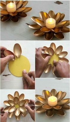 how to make a flower candle holder out of paper plates and metal spoons - step by step instructions