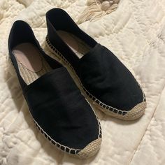 Brand New Condition Size 9 Black Flat Espadrilles With Cushioned Footbed, Casual Black Espadrilles With Textured Sole, Black Flat Espadrilles With Rubber Sole, Trendy Black Slip-on Espadrilles, Comfortable Black Slip-on Espadrilles, Black Casual Espadrilles With Round Toe, Casual Black Espadrilles With Round Toe, Casual Black Espadrilles With Flat Heel, Casual Black Flat Heel Espadrilles