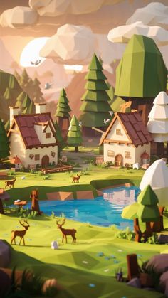 A cozy and charming low poly stylized game world, designed with warm, inviting colors and simple geometric shapes. The scene features a quaint village with small houses, a picturesque lake, and a lush green meadow. Animals like deer and birds roam freely, and the sky is filled with a soft, warm sunset glow. The overall ambiance of this game world is tranquil and magical, perfect for a relaxing adventure. Low Poly World, Stylized 3d Environment Art, Stylized Game Environment, Low Poly Environment Landscapes, Lowpoly Enviroment, Game Assets 3d Low Poly, Adventure Rpg, Third Person Shooter