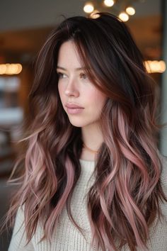 Dark Brown Hair With Rose Gold, Rose Brown Hair Color Balayage, Fun Balayage Hair Colour, Colorful Brown Hair, Subtle Vivid Hair Color Ideas, Brown Hair With Fun Colors, Ash Pink Brown Hair, Dusty Pink Hair Balayage