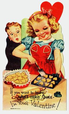 an old fashioned valentine's day card shows two children baking cookies