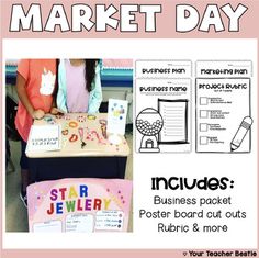 Bring Market day to your classroom! Students will learn about different types of businesses, profit, how to create a business plan and make it come to life! This Market day project is engaging, fun and gets the students thinking out of the box to create their very own business! It was inspired by Shark Tank. This is a BIG hit with my class and by far their favorite project. This project takes 1 week to complete and is a perfect project for financial literacy unit, end of the year project, GT pro Whimsical Room Decor, Paper Mobiles, Room Decor Paper, Create A Business Plan, Whimsical Room, Own Business Ideas, Entrepreneur Kids, Teacher Projects, Paper Mobile