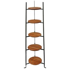 three tiered wooden tray stand with metal legs