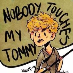 a drawing of a boy holding a baseball bat with the words nobody touch my tommy on it