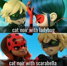 two cartoon characters with caption that reads, cat noir with ladybug and cat noir with scarabella