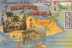 a postcard with an image of the island of beautiful jamaica on it's side