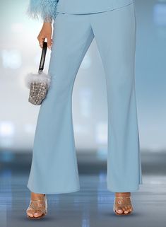 Love the Queen 17533 Pant Powder Blue Outfits For Women, Powder Blue Outfit, Light Blue Pants, Queen Style, Fabric Pants, Feather Tops, Denim Maxi Dress, Soft Dress, Pocket Light