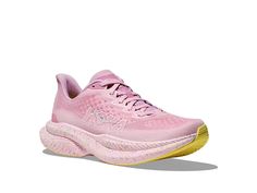 Hoka Women's Mach 6 - Women's Shoes : Pink Twilight/Lemonade : For information on how HOKA ONE ONE contributes to the community, please visit the page. , , Lightweight and super responsive, the Hoka Mach 6 shoes are crafted with an EVA midsole that cushions each of your steps. The breathable design of these shoes keeps your feet cool and comfortable. These sports shoes feature a lace-up design that offers a secure fit. Textile upper. Removable, elastic EVA footbed and textile lining. Best for everyday run, race. Stability: Neutral, features a symmetrical bed of cushion without additional prescriptive technologies. Cushion: Responsive, low-profile cushion bed that keeps your foot closer to the ground, and utilizes a firmer material designed to provide an efficient push-off. Low-top silhouet Pink Low-top Trail Running Shoes With Arch Support, Pink Functional Walking Shoes With Boost Midsole, Functional Pink Walking Shoes With Boost Midsole, Hoka Mach 6, Pink Functional Running Shoes With Ortholite Insole, Functional Pink Running Shoes With Ortholite Insole, Ergonomic Running Shoes With Rubber Sole, Pink Hoka Shoes, Cute Summer Shirts