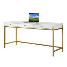 a white desk with gold legs and a laptop on it's top, against a white background