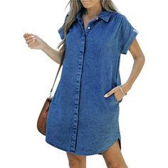 Cotton, Polyester, Spandex Color: Medium Blue Imported Button Closure Machine Wash Denim Shirt Dress For Women: Features Front Hidden Button-Down Design, Rolled Hem Short Sleeves, And A Lapel Collar. Above Knee Mini Length Dress With Pleated Tiered Details At The Back And Shoulders Creates A Sweet And Stylish Look. It's The Most Fashionable And Comfortable Denim Dress For Women In 2023! Denim Dress For Women With Pockets: This No-Stretch Shirt Dress Has An Overall Relaxed Fit, Made Of Breathable Non-stretch Blue Denim Button-up Dress, Trendy Cotton Knee-length Shirt Dress, Casual Mini Length Shirt Dress, Casual Collared Denim Dress, Relaxed Fit Denim Blue Shirt Dress With Pockets, Non-stretch Button-up Denim Dress, Cotton Button-up Denim Dress With Pockets, Casual Non-stretch Button-up Dress, Summer Short Sleeve Denim Shirt Dress