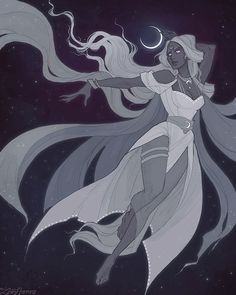 a drawing of a woman with long hair flying through the air in front of a star filled sky