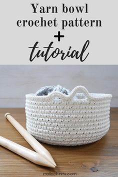 yarn bowl and knitting needles with text overlay that says yarn bowl crochet pattern