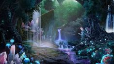 an image of a fantasy scene with waterfalls and trees in the background at night