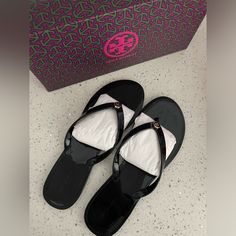 Brand New No Half Size Original Box Designer Black Toe Post Sandals, Designer Black Flip Flops For The Beach, Designer Black Flip Flops For Beach, Designer Black Flip Flops For Summer, Tory Burch Jelly Sandals, Navy Flip Flops, Tory Burch Espadrilles, Tory Burch Flip Flops, White Flip Flops