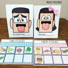 two cards with the words his and her food in front of them on a table