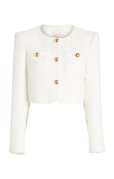 Elevate your style with the Auden Jacket. This cropped, collarless jacket features a luxurious textured boucle fabric and large gold branded buttons for a touch of glamour. With long sleeves and a chic ivory color, this jacket is perfect for any occasion. Add a stylish and elegant touch to your wardrobe today. Details Button frontFabric: Textured BoucleCropped silhouetteBranded gold button detailsLong sleeve Content and Care 100% PolyesterDry CleanImported Measurements 18.25in/46.36cm from shoul Boucle Jacket Outfit, Collarless Jacket, Evening Jacket, Chanel Jacket, Boucle Jacket, Short Denim Skirt, Evening Tops, Denim Outerwear, Boucle Fabric