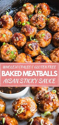 baked meatballs in a skillet with sauce and green onion garnish on the side