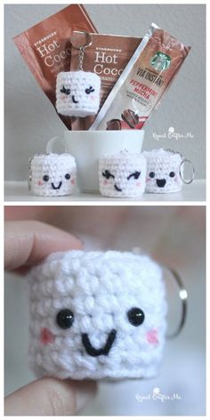 crocheted keychain with coffee beans and marshmallows in it