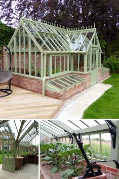 several pictures of different types of greenhouses in various stages of being used as an outdoor living space