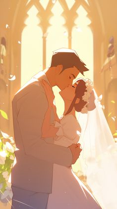 a bride and groom kissing in front of an arch with sunlight streaming through the windows