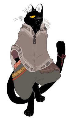 a black cat wearing a jacket and pants