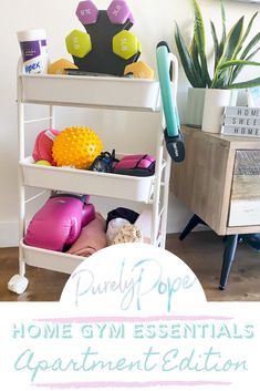 a white shelf filled with personal items next to a potted plant