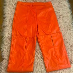 A Beautiful Pair Of Faux Leather Orange Pants New With Tags Baby Blue Pants, High Rise Yoga Pants, Orange Pants, Cami Jumpsuit, Topshop Jeans, Velvet Leggings, Cotton Romper, Flare Leggings, Orange Leather