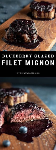 blueberry glazed fillet minon on a wooden cutting board with text overlay