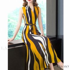 Lasaky - Striped Sleeveless Maxi Dress with Flared Hem - Essential Fashion Statement Yellow Long Dress, Terry Cloth Dress, Essential Fashion, Dress Stylish, Long Skirts For Women, Dress Stores Online, V Neck Midi Dress, Floor Length Gown, Maxi Dress Online