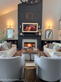 a living room filled with furniture and a fire place in the middle of a room