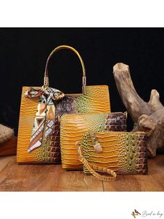 Bird in Bag - Vibrant Crocodile Print Scarf and Matching Bag Set Elegant Multicolor Large Capacity Satchel, Elegant Large Capacity Multicolor Bags, Green Crocodile Pattern Shoulder Bag, Brown Crocodile Pattern Handheld Bags, Brown Handheld Bag With Crocodile Pattern, Green Crocodile Pattern Handheld Bag, Handheld Crocodile Pattern Bag For Shopping, Square Bags With Crocodile Pattern, Handheld Bags With Crocodile Pattern For Shopping