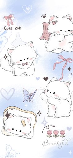 several drawings of cats with hearts and bows on them, all in pastel colors