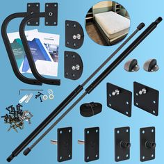 an assortment of hardware and accessories for sliding doors on blue background with clippings