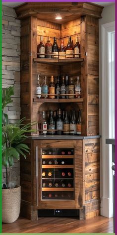 a wooden cabinet filled with lots of bottles