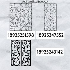 decorative wrought iron screens with numbers and symbols on the front, back and side panels