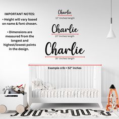 a baby's nursery wall decal with the name charlie in black and white