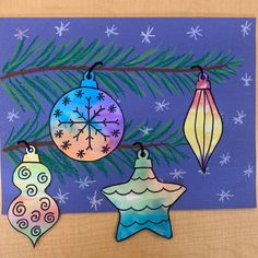 three christmas ornaments hanging from a tree branch on a purple background with snowflakes