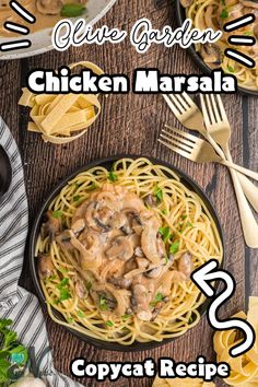 chicken marsala with copycat recipe on the side, and text overlay that reads give garden chicken marsala copycat recipe