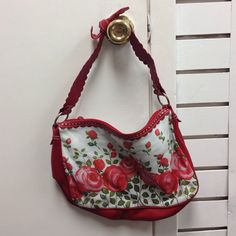 Floral Shoulder Bag That Has Red Roses And Red On The Sides And Straps. Adorable Green And White Polka Dot Interior! Red Floral Print Summer Bag, Vintage Red Shoulder Bag For Summer, Casual Red Bag With Floral Print, Red Floral Print Shoulder Bag For Everyday Use, Casual Red Bags With Floral Print, Red Floral Print Casual Bag, Red Floral Print Shoulder Bag, Green And White, White Polka Dot