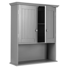 a gray cabinet with two doors and drawers on the bottom shelf is shown in front of a white background