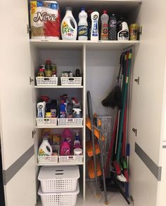 an organized pantry with cleaning products and supplies