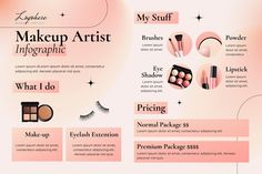 the makeup artist info sheet is shown in pink and orange colors, including eyeshades