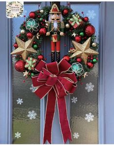 a wreath on the front door decorated with ornaments and a nutcracker figurine