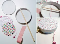 three images show how to make a paper plate with yarn and buttons, along with the sewing needle