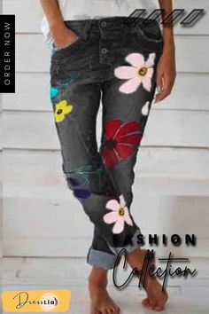 Regular Waist Flower Print Regular Fit Casual Wear Jeans Floral Denim Pants, Printed Denim Jeans, Womens Fashion Jeans, Moda Chic, Denim Pants Women, Denim Patterns, Floral Denim, Long Jeans, Floral Fashion