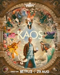 the movie poster for kaos is shown in front of a gold frame with an image of